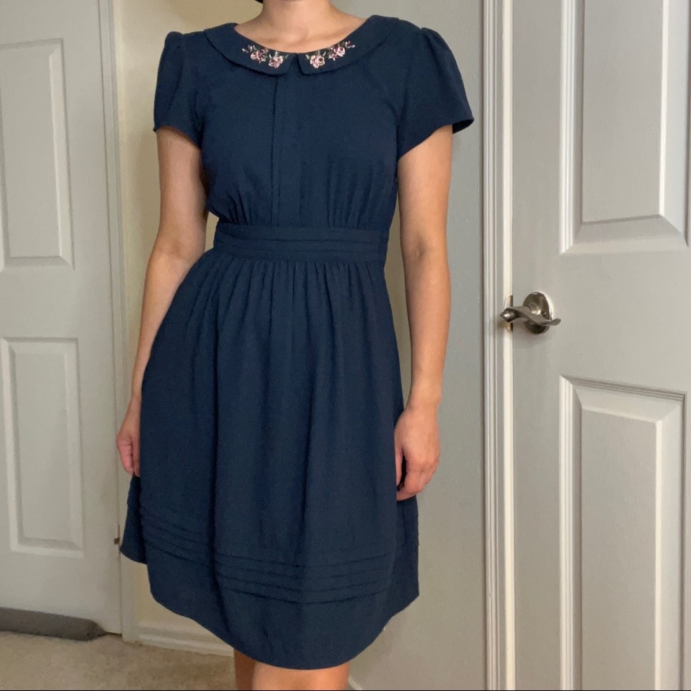 Cottagecore Floral Embroidered Navy Blue Dress
